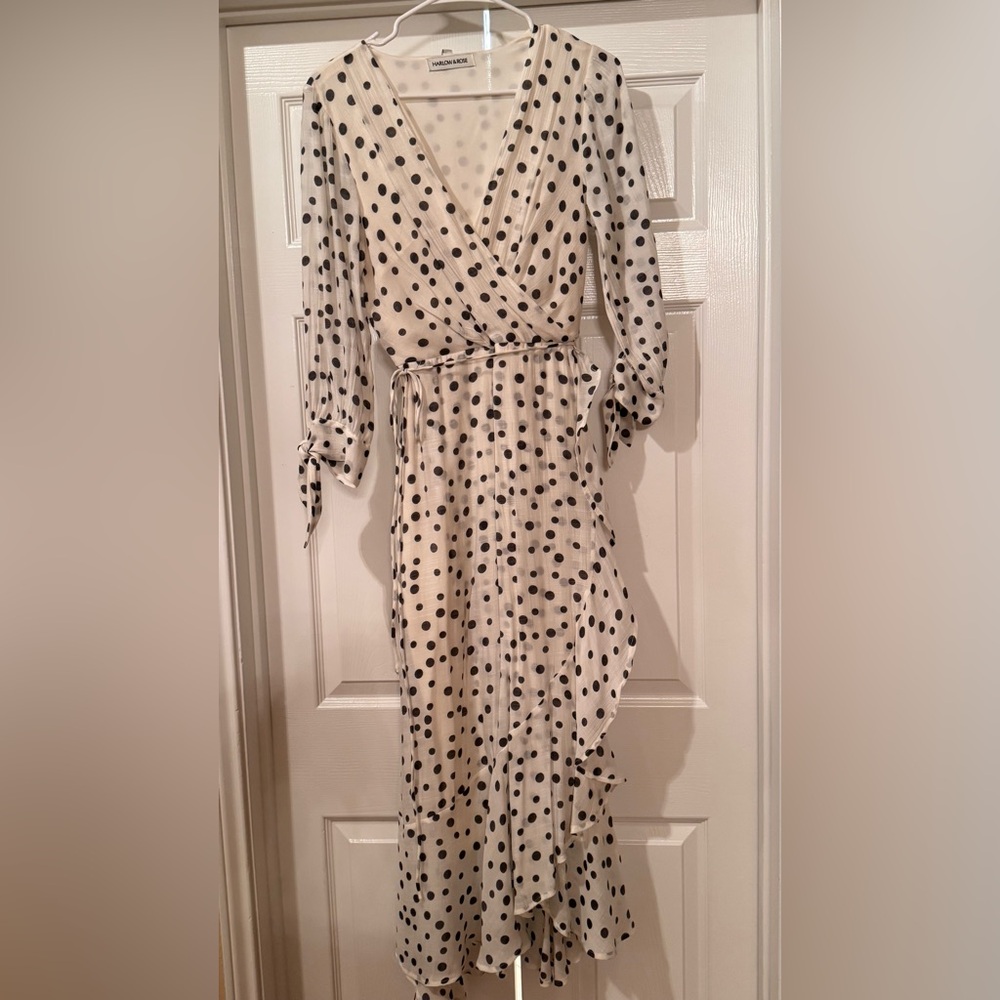 Wrap Midi Dress in Cream with Black Polka Dots